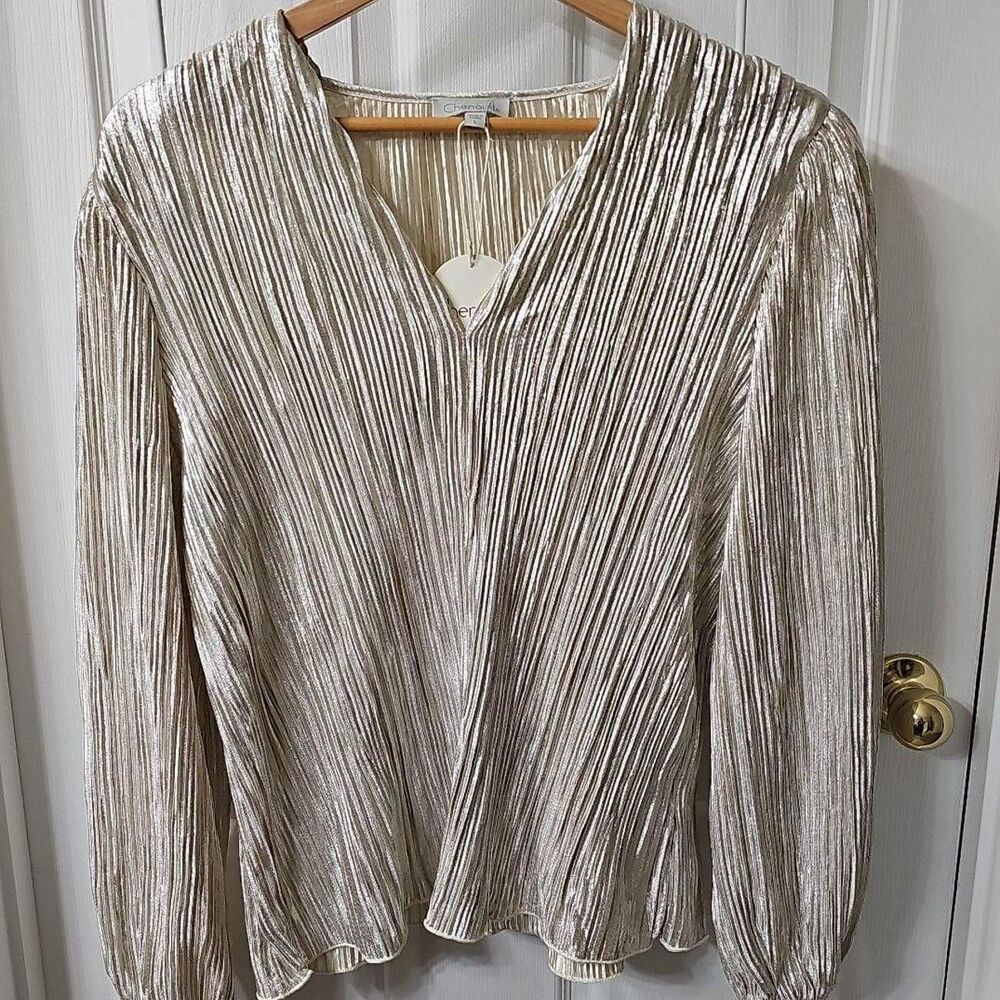 NWT Chenault Metallic Champagne Gold Plissé Blouse, Size Large
